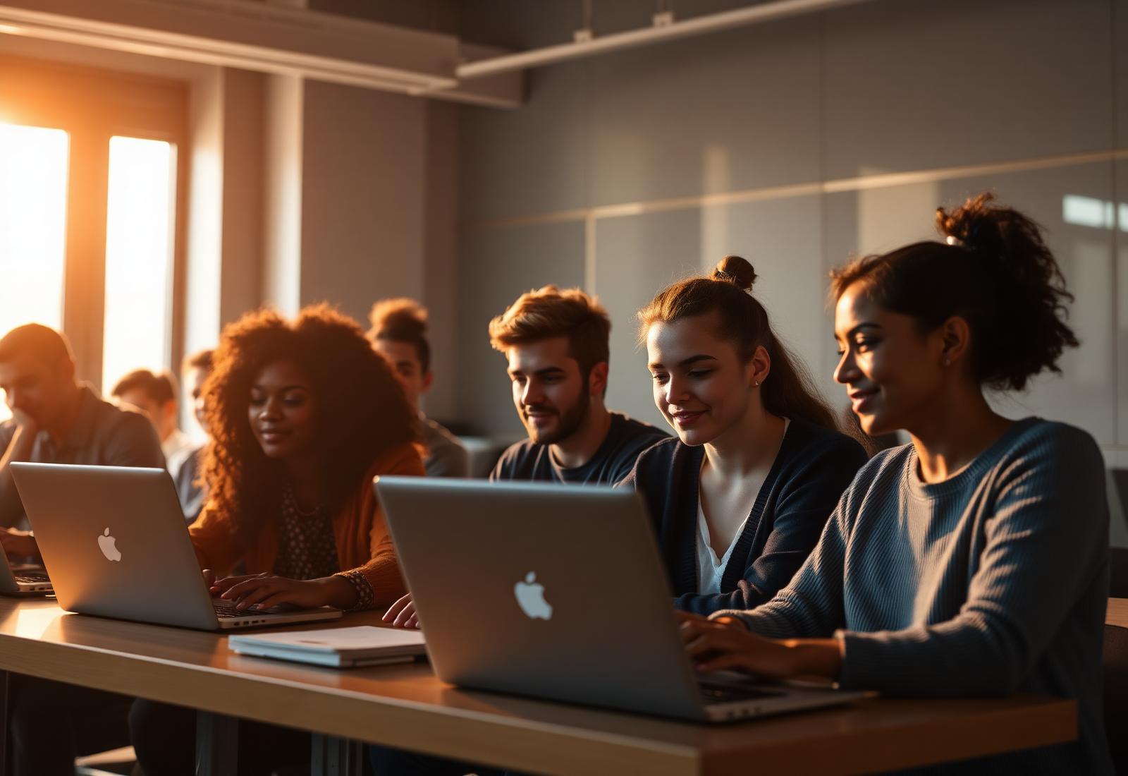 Diverse trainees learning in a modern classroom